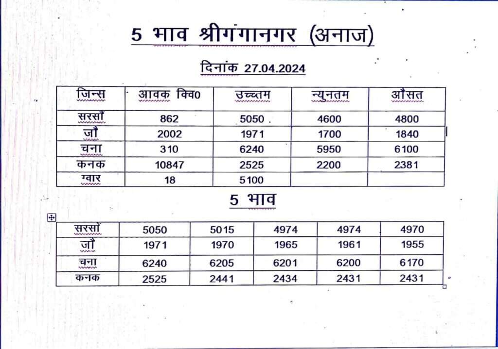 27 April Rajasthan Haryana Mandi Bhav : 27 अप्रैल राजस्थान हरियाणा मंडी भाव
